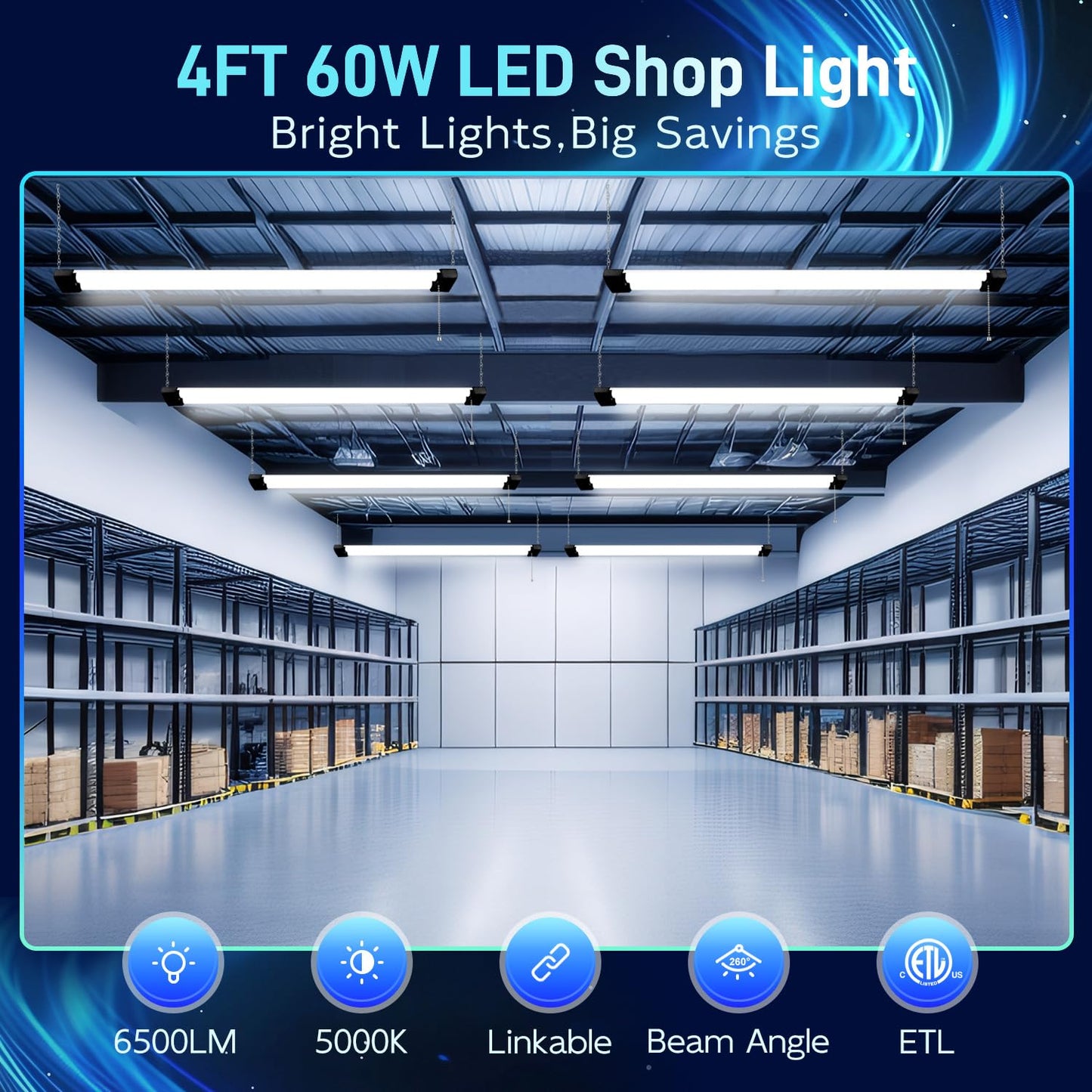 hykolity LED Shop Light 4FT 6500lm 60W Utility Fixture 5000K Daylight Black Model HBSP-MB4F-50K