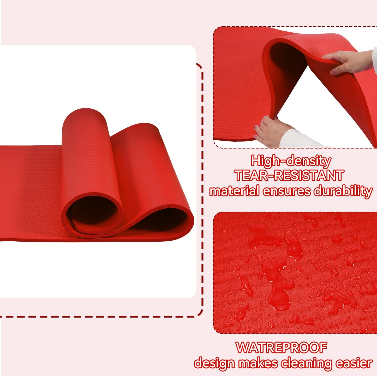 Fitvids 1/2-Inch Thick High Density Foam Exercise Yoga Mat with Carrying Strap, For Cushioning The Body Against Hard Floors, Red
