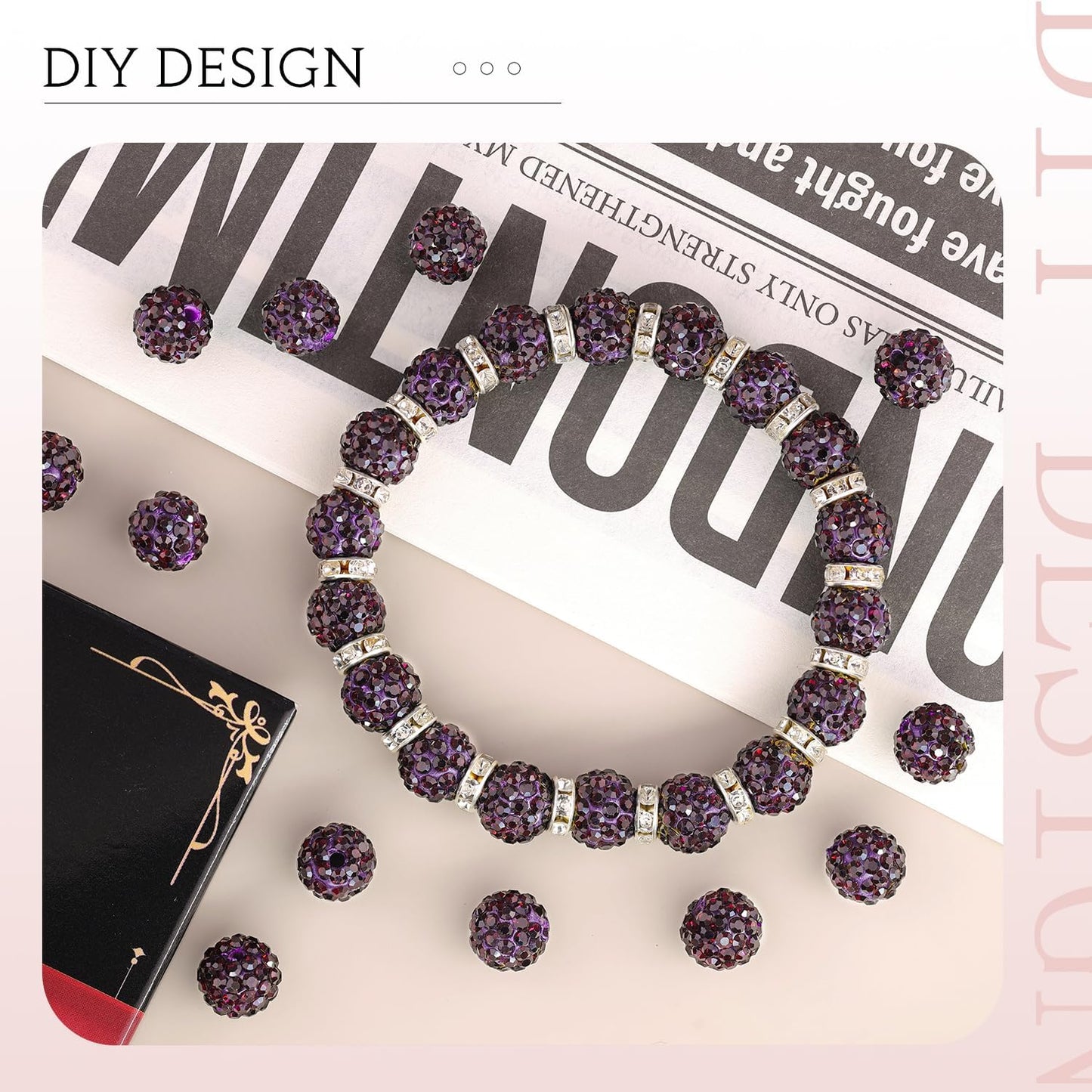 100pcs 10mm Rhinestone Beads for Jewelry Making, Dark Purple Shiny Round Shamballa Disco Beads Bulk, Sparkle Crystal Clay Christmas for Bracelet Baseball Necklace Earring Crafting and DIY