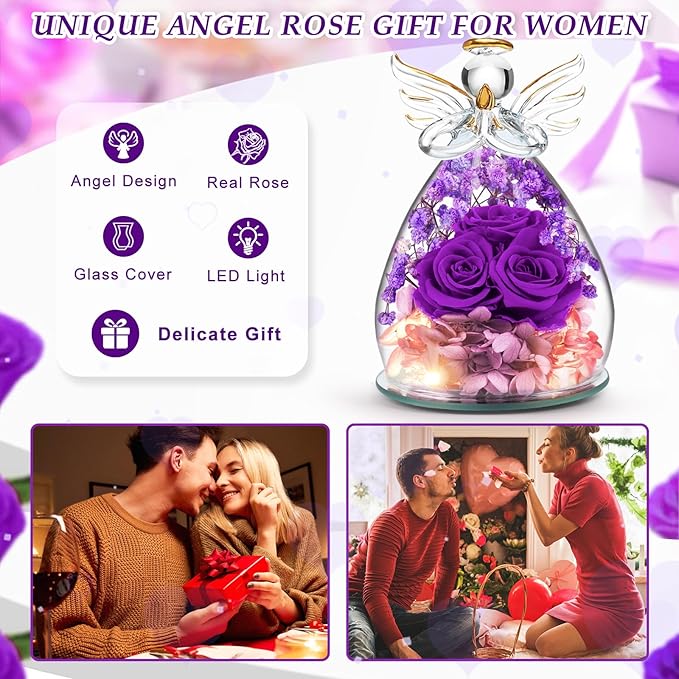 Beferr Valentines Day Rose Gifts for Her Women Mom Gifts for Birthday, Fresh Flowers for Delivery Forever Preserved Rose in Glass Angel Figurine, for Grandma Wife Daughter Girlfriend