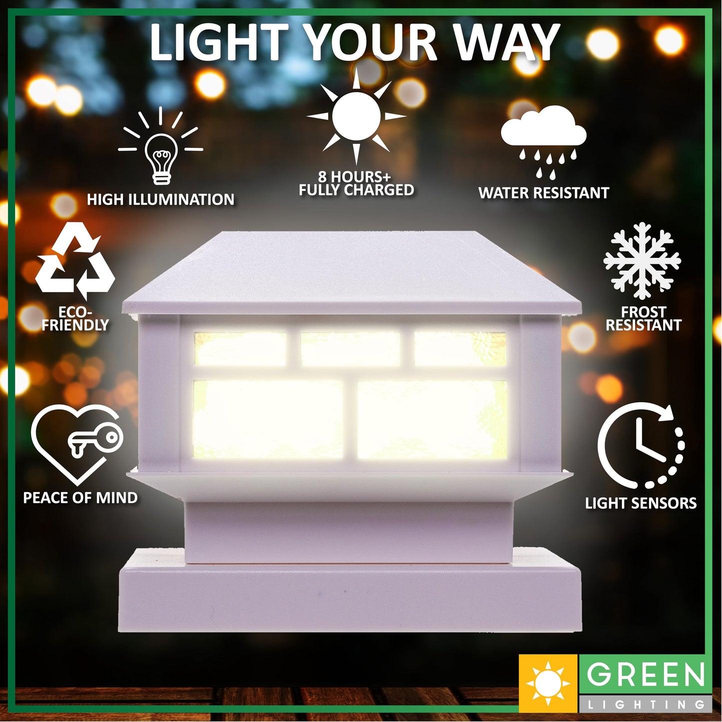 GreenLighting Solar Post Cap Lights, 8 Pack, Waterproof White, Fits 4x4 & 5x5 PVC/Vinyl, Bright LED, Model TN-1222606