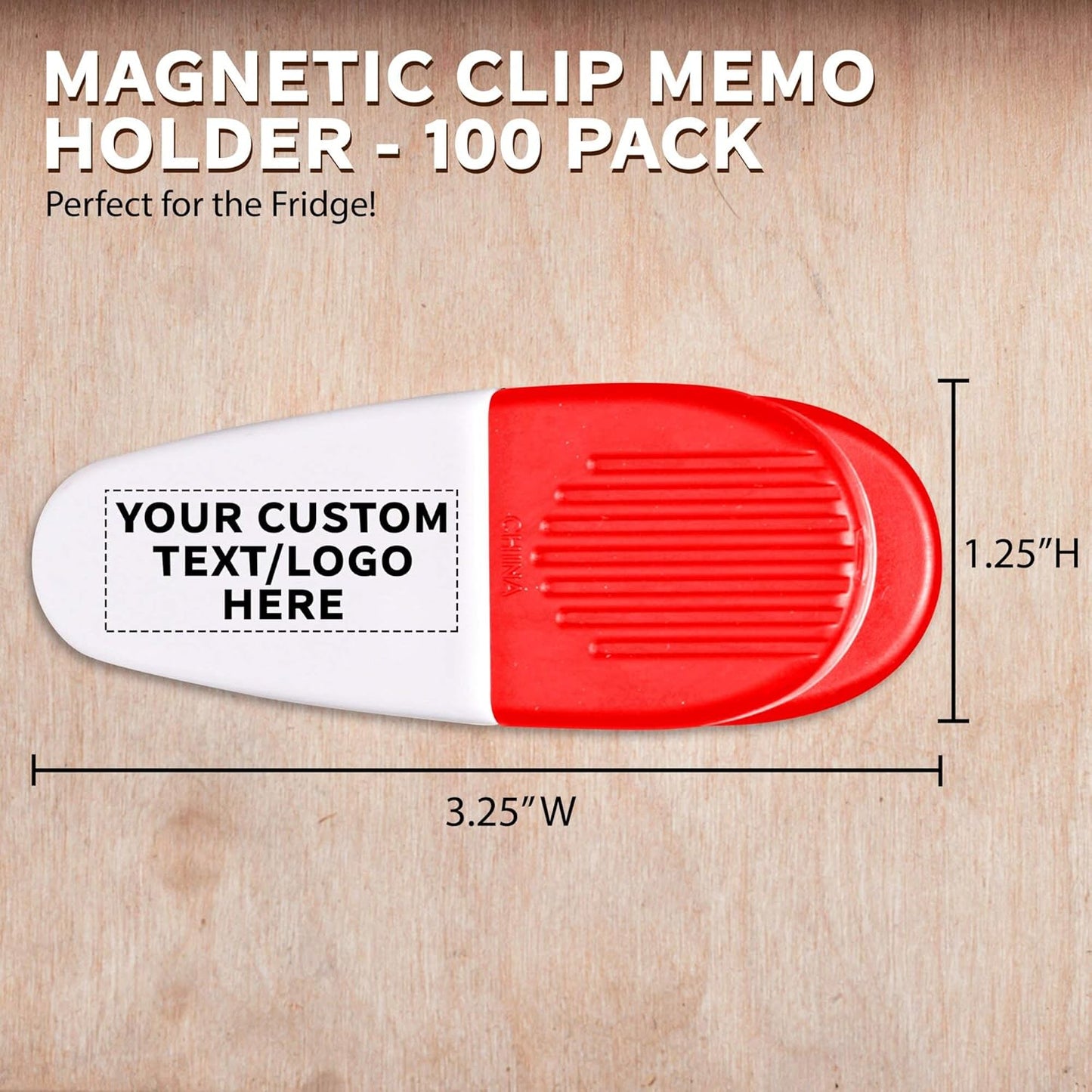 100 Magnetic Memo Holders Set - Customizable Text, Logo - Large Clip, Plastic - White Red