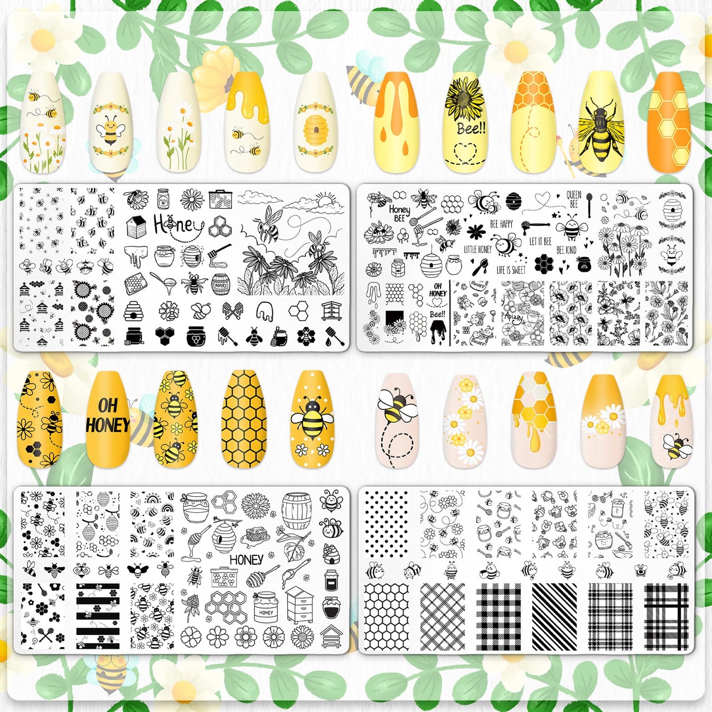 JarThenaAMCS 4Pcs Bee Nail Plates Stamping Set Honeycomb Floral Stamp Templates Nail Art Plates for Spring Summer DIY Print Mani