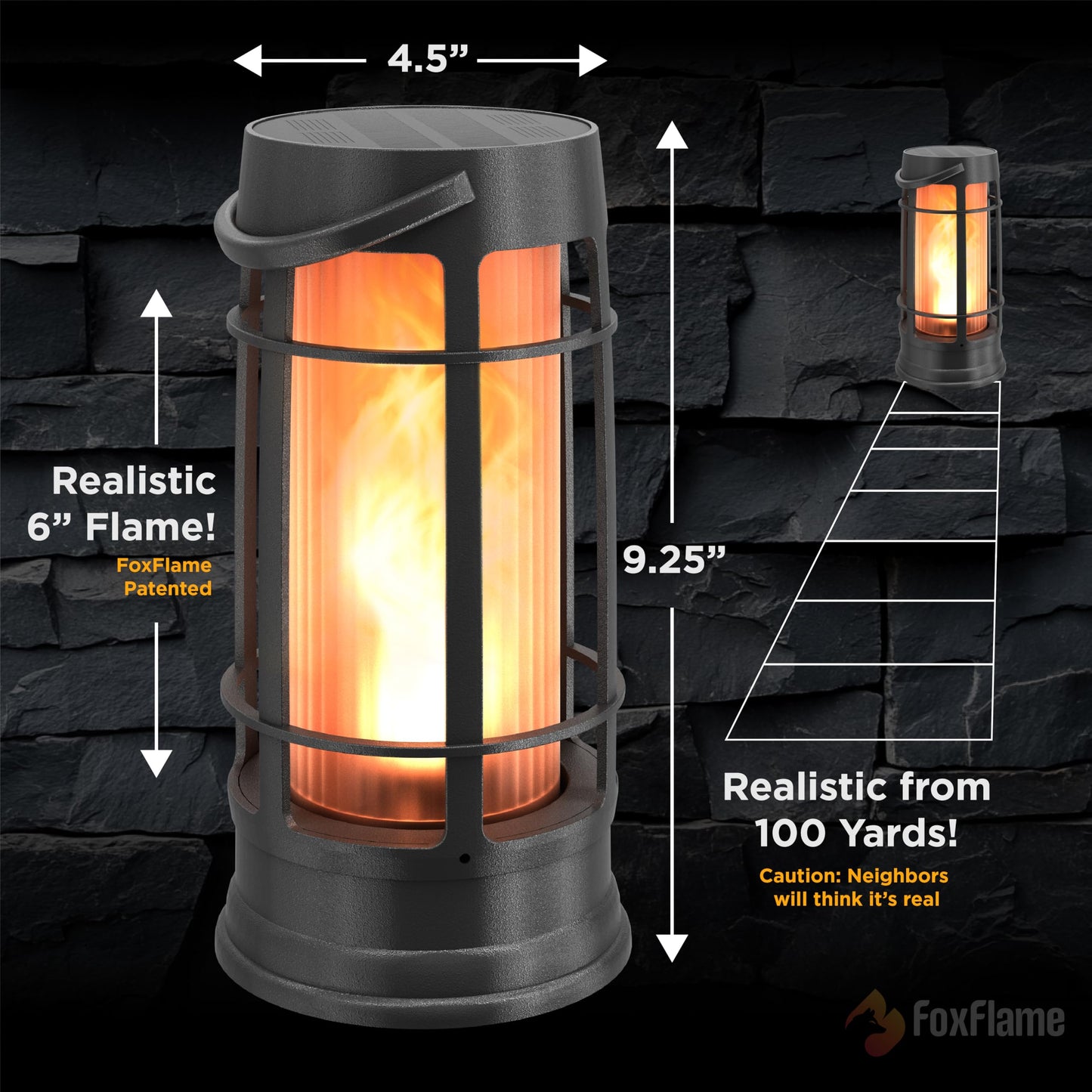 FOXFLAME Metal Outdoor Solar Lantern, Waterproof Flickering LED, 1 Pack, Matte Black, Model FFMDL1