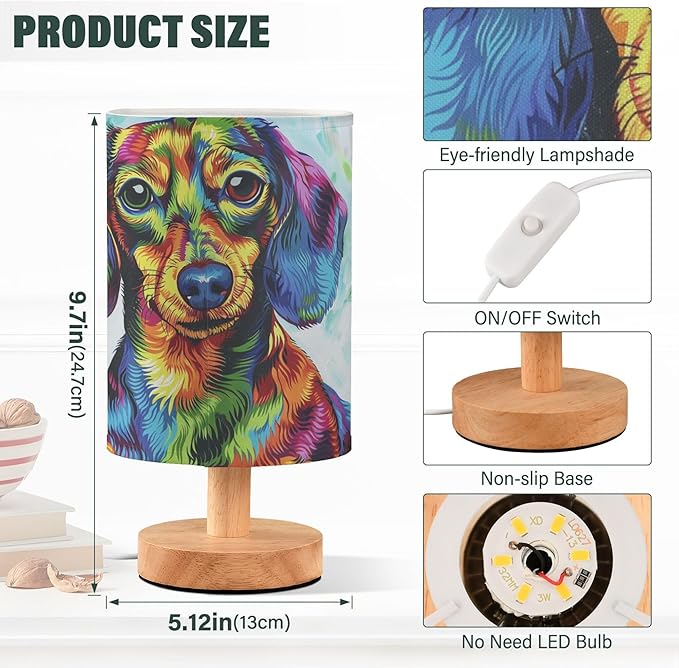 Table Lamp Colorful Dachshund Puppy Nightstand Lamp with Wood Base Fabric Lamp Shade Bedside Desk Lamp for Living Room Bedroom Kids Room Office