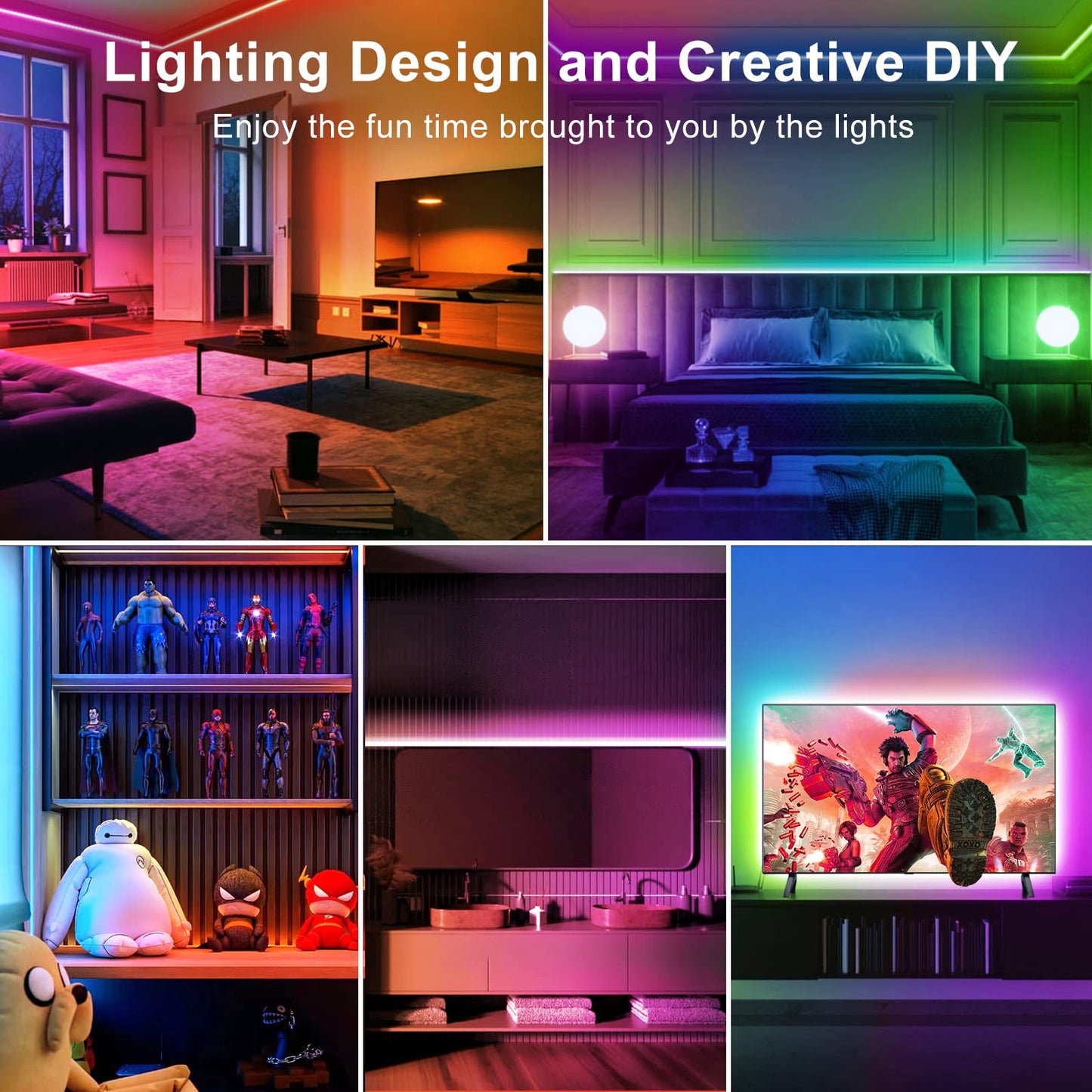 Tjoy 100Ft Bluetooth Led Strip Lights, Rgb Color Changing, Music Sync, App & Remote Control, Vinyl, Multi-Colored