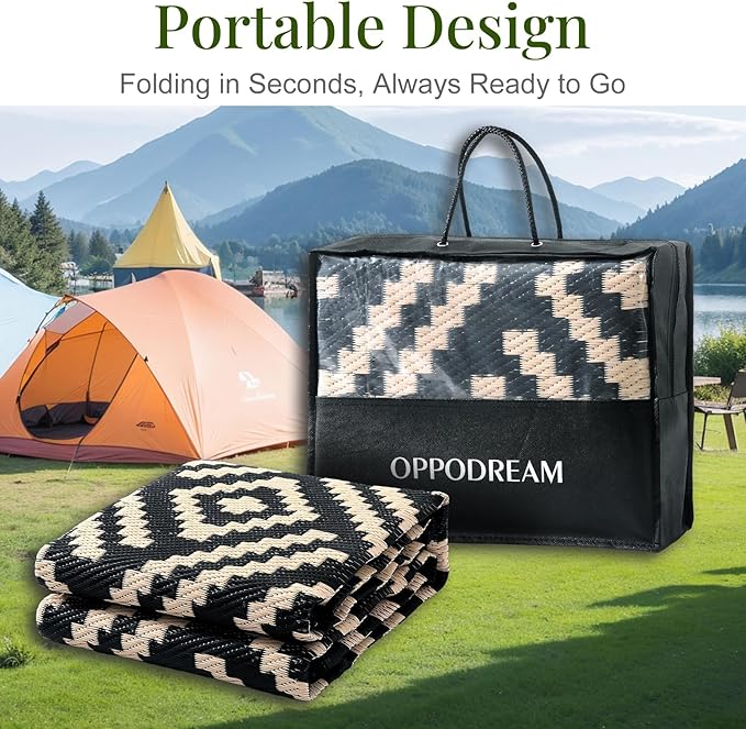OPPODREAM Outdoor Rug 6x9 Ft, Waterproof Outdoor Plastic Straw Rug for Patio, Reversible Out Door Carpet for Camping, Deck, Rv, 6 x 9 Area Carpet for Balcony, Porch, Backyard, Black and Beige