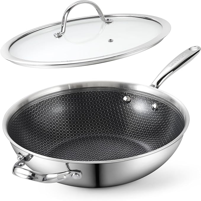 Cooks Standard 12-Inch Hybrid Nonstick Wok with Tempered Glass Lid, Multi-Ply Clad Stainless Steel Flat Bottom Wok Stit Fry Pan, Oven Safe, Induction Ready, Compatible with All Stovetops