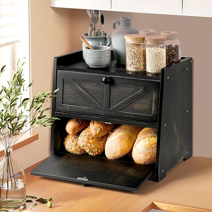 Ollieroo Vintage Double Layer Bread Box for Kitchen Countertop, Bamboo Bread Storage Container, Breadbox for Homemade Bread, Large Capacity Bread Bin(Black)