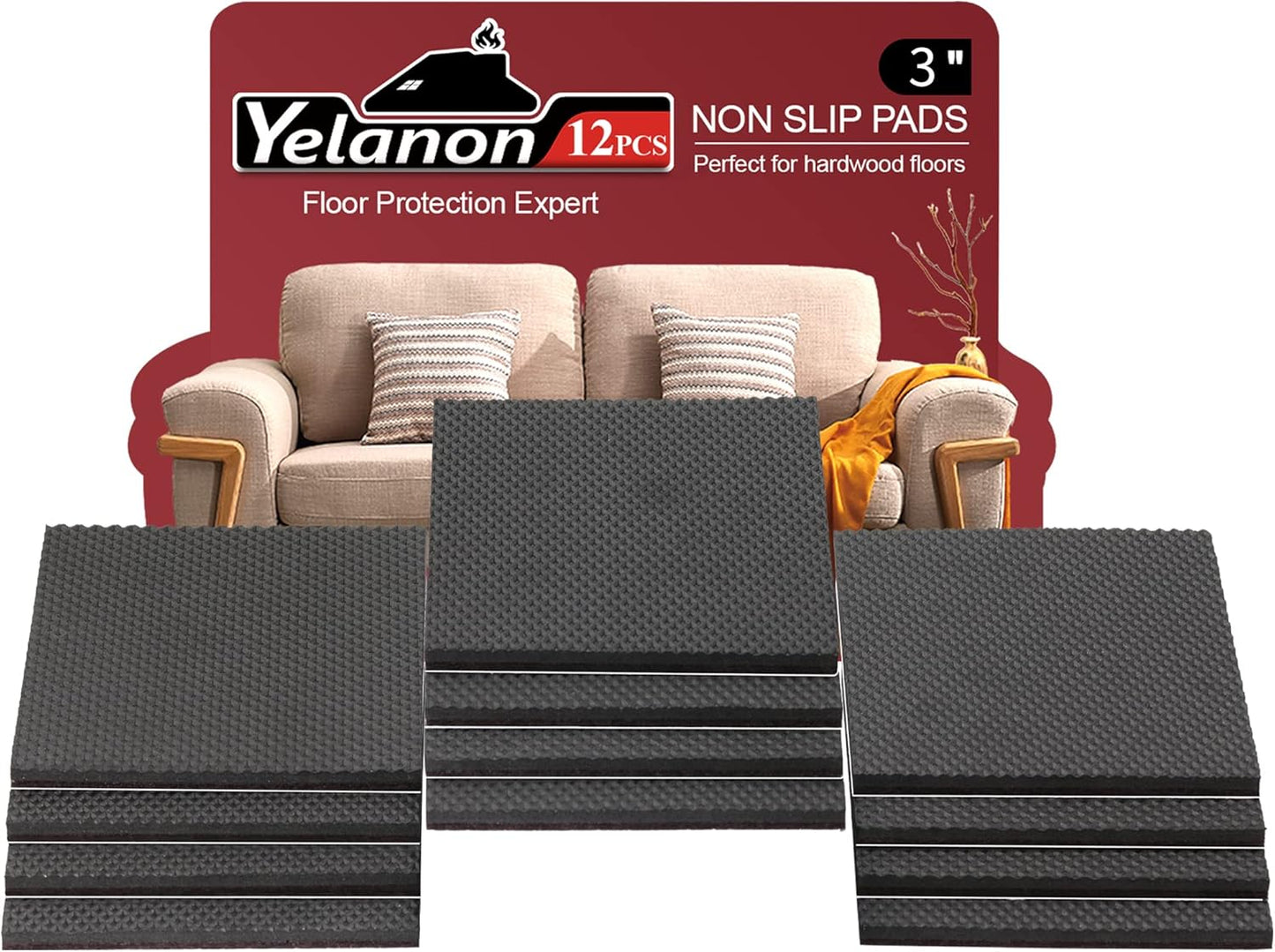 Yelanon Non Slip Furniture Pads -12pcs 3" Furniture Grippers Hardwood Floors, Non Skid for Furniture Legs,Self Adhesive Rubber Furniture Feet, Anti Slide Floors Protectors for Keep Couch Stoppers