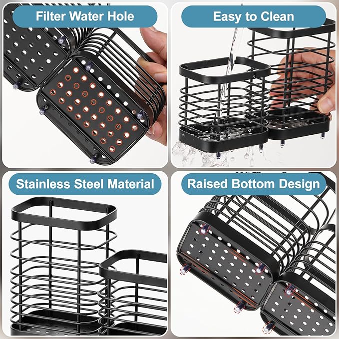 Utensil Holder, Stainless Steel Utensil Drying Rack for Kitchen Counter, Silverware Cutlery Flatware Holder Forks, Knives, Spoons, Chopsticks Organizer (Black, Tall & Short)