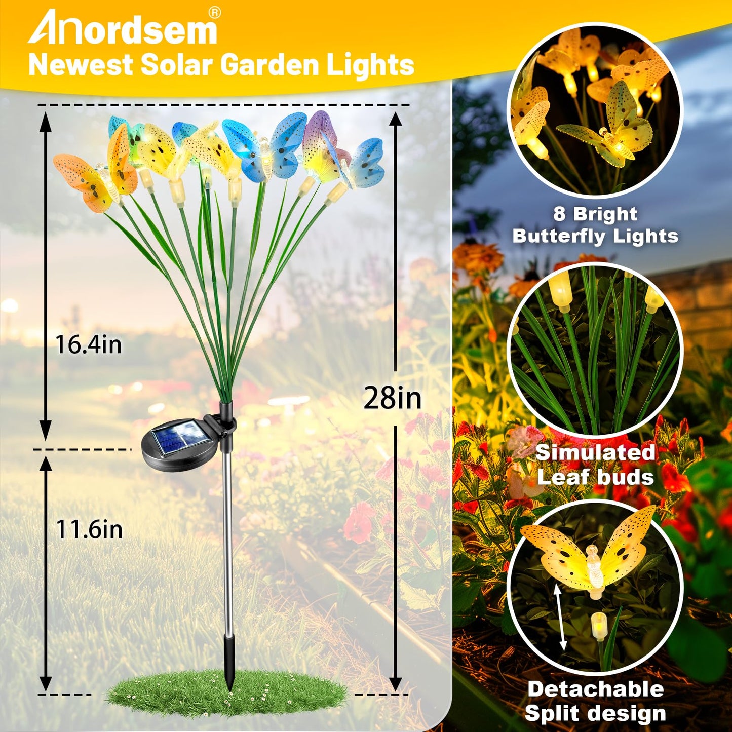 Anordsem Solar Garden Lights Outdoor: 8 Removable Fiber Optic Fabric Butterflies 4 Pack - Waterproof Fun Animal Decoration For Yard Patio - Gardening Gifts For Garden Lovers