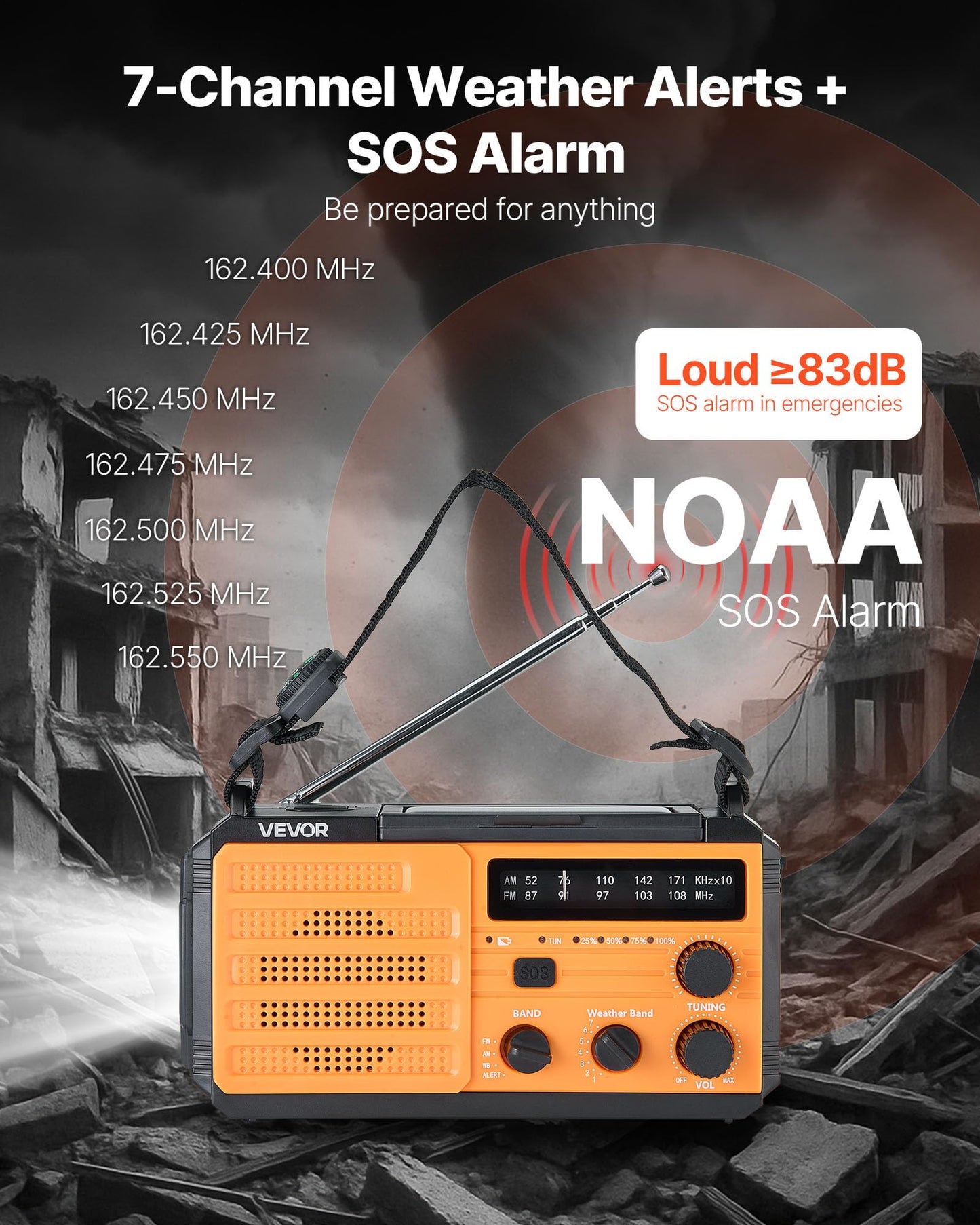Vevor Emergency Weather Radio, 8000Mah Battery, Fm/Am/Wb/Noaa Alert Solar Hand Crank Emergency Radio, Type-C Charging, Usb Cable