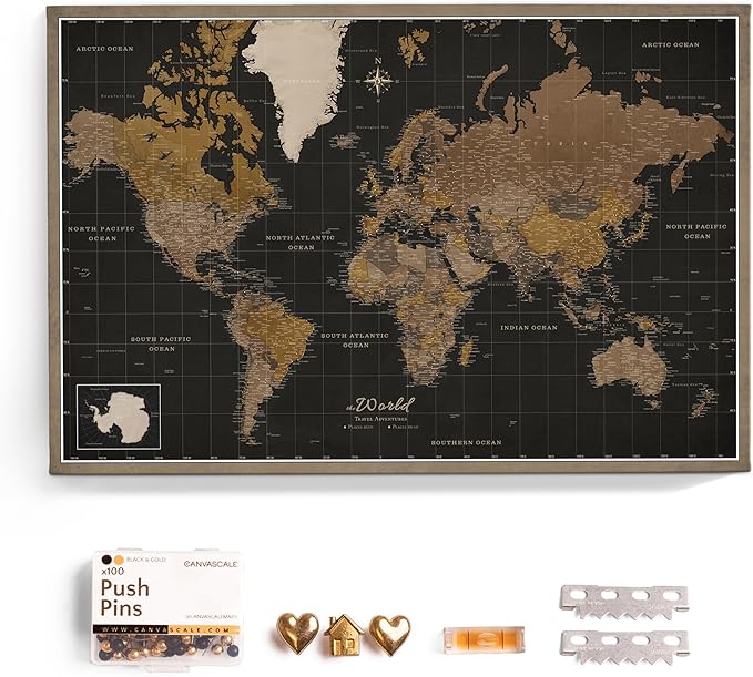 Canvas World Map with Cork Pin Board - English Lettering - Decorative Wall Decoration for All Rooms - Canvas Pictures with World Map Motif (90x60 cm, Pattern 5)