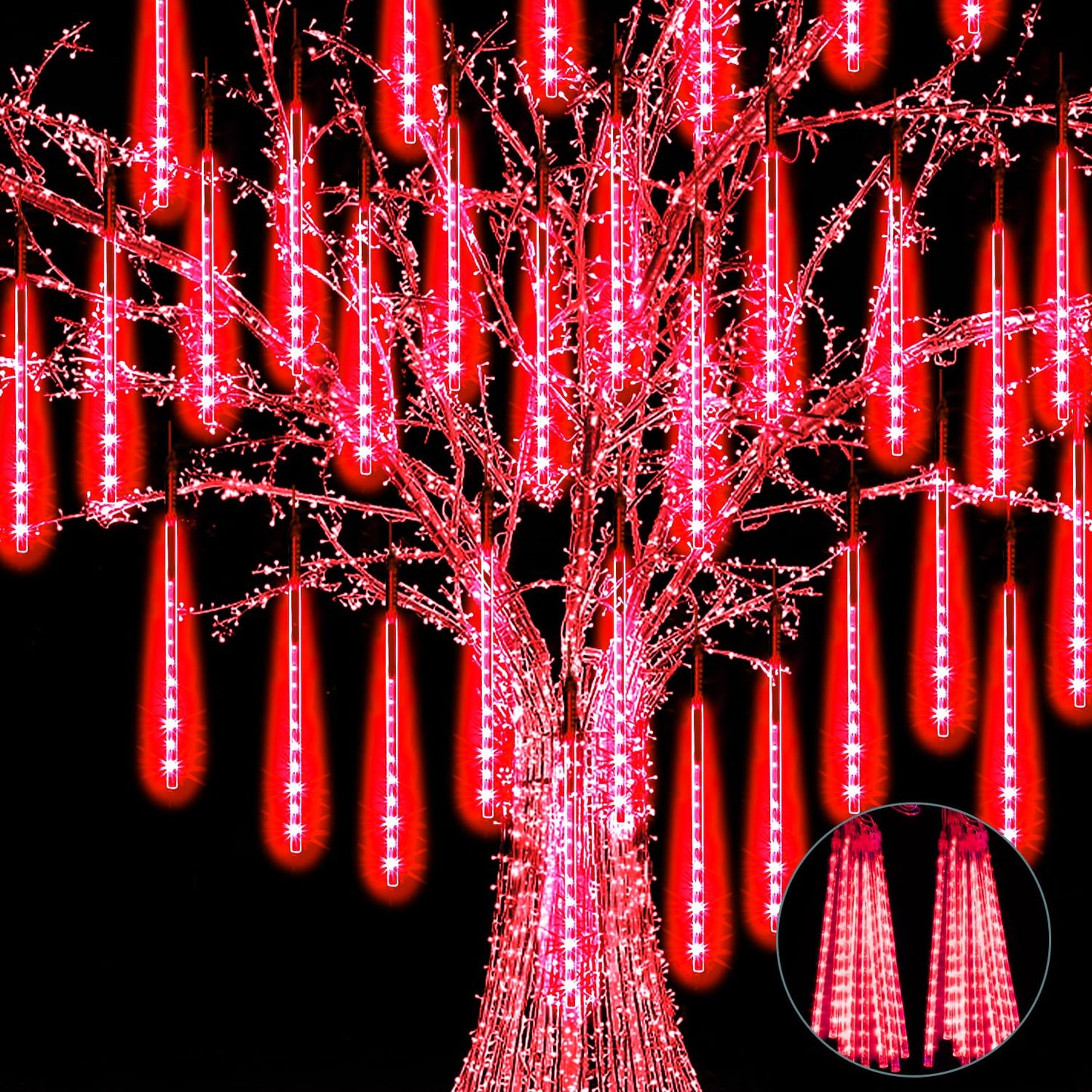 Jjgoo ?4 Pack? Christmas Lights Meteor Shower Rain Lights 20Inch  Totally 40 Tube 1440 Leds Icicle Light Outdoor Raindrop Light For Xmas Halloween Wedding Party Tree Holiday Decoration  Red