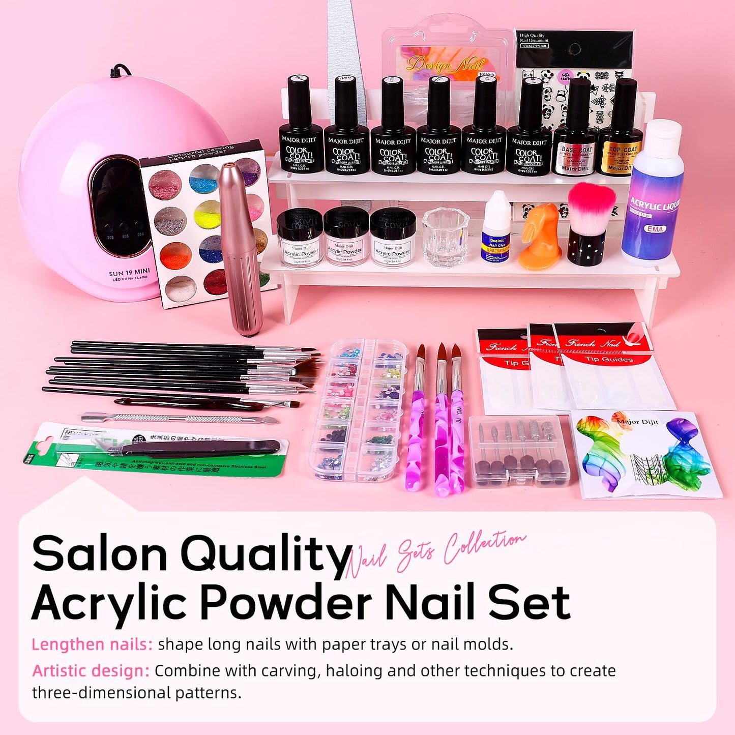 Major Dijit Acrylic Nail Kit with Drill - Complete Starter Set for Beginners White Pink Clear Acrylic Powder, 6 Gel Polish Color