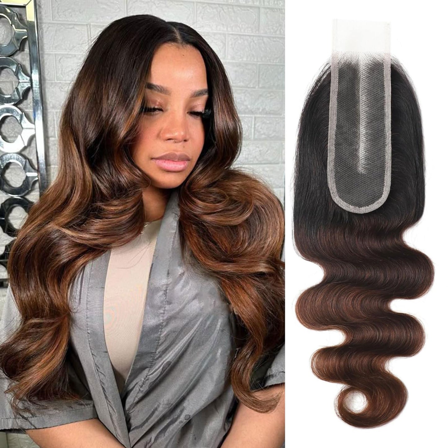 DSEKCAIN 2x6 HD Lace Closure Body Wave Human Hair T1B/2/30 Chestnut Brown Ombre Transparent Lace Closure 2x6 Long Middle Part 10