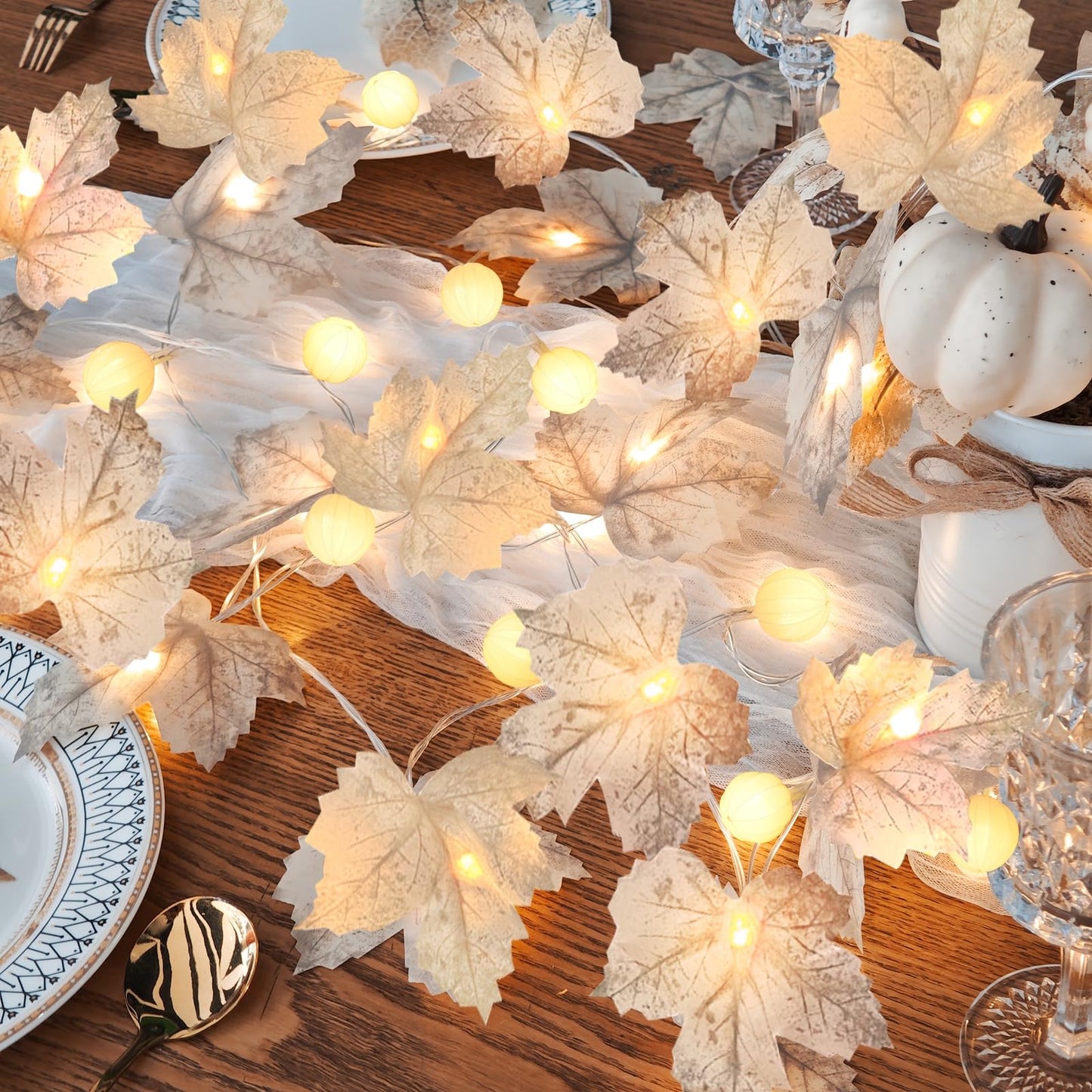 Thanksgiving Decorations-3 Pack 60Led Pumpkin Lights Fall Garland With 3D Pumpkin Enlarged Maples Leaf Battery Operated Pumpkin Thanksgiving Decor Autumn Fall Decor For Home Indoor Outdoor Holiday