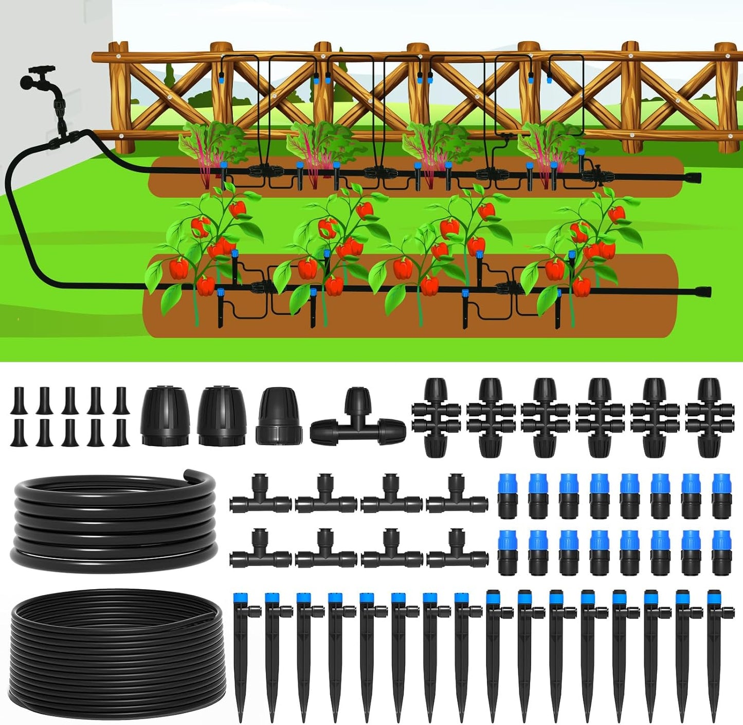 MIXC 230FT Quick-Connect Drip Irrigation System Kit, Automatic Garden Watering System with 1/4" & 1/2" Fast-Lock Tubing - Adjustable Nozzles & Sprinklers for Garden, Greenhouse, Lawn, Potted Plants