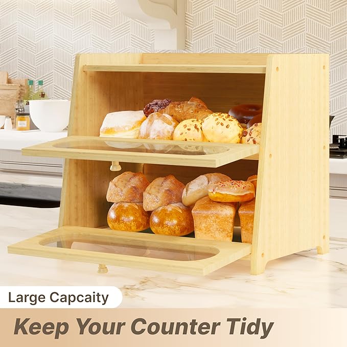 Double Layer Bamboo Bread Box for Kitchen Countertop, Large Capacity with Window Breadbox, Farmhouse Bread Storage Container, Fits Corner, Cabinet, Pantry