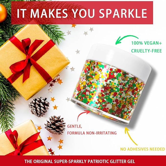 Christmas Glitter Gel for Body, Face, Hair and Lip, Color Changing Glitter Gel Under Light (Christmas)