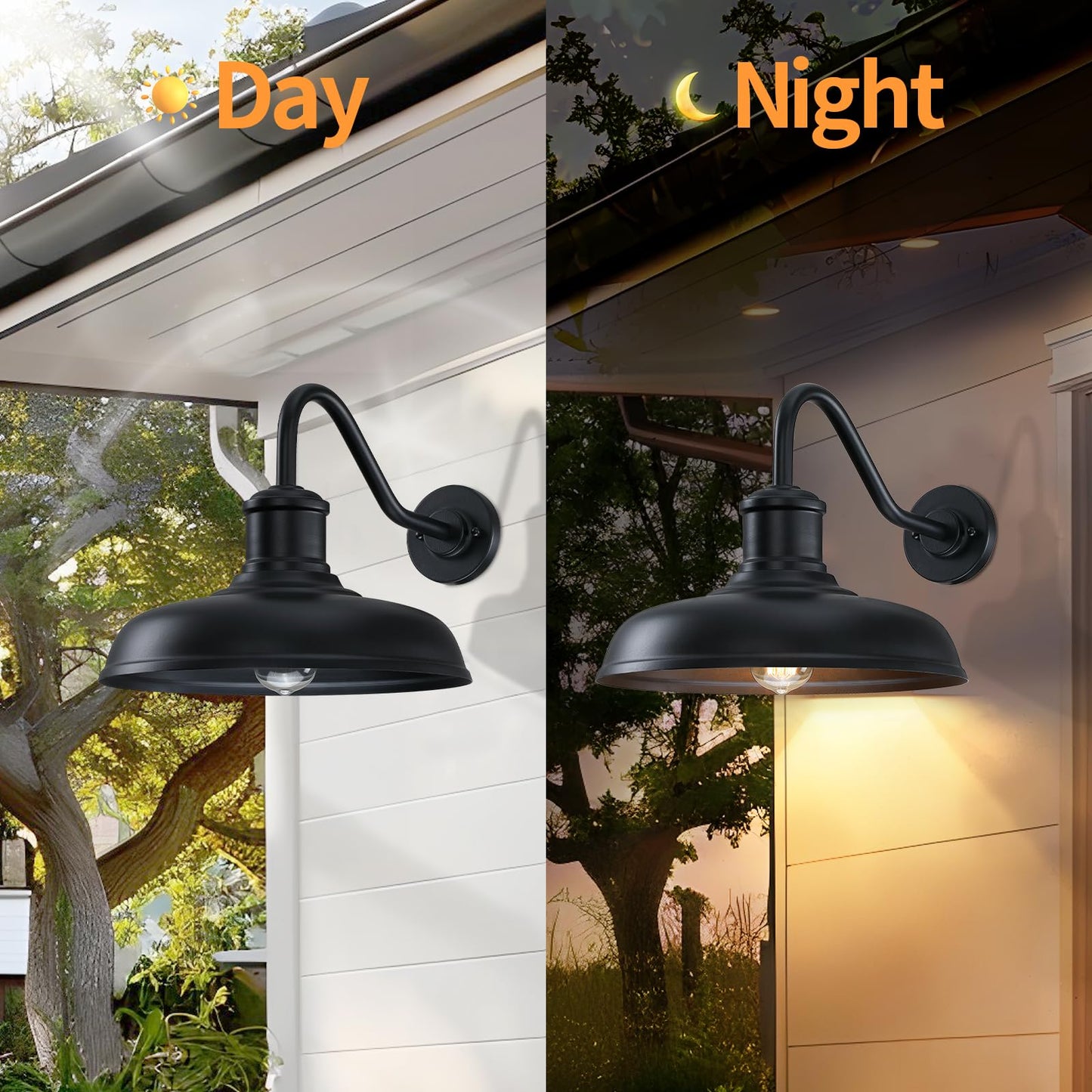 13.8 Diameter Large Outdoor Gooseneck Barn Light 2 Packs  Outdoor Wall Sconce Farmhouse Exterior Light Wall Lighting Fixture Industrial Outside Lantern For Porch  Patio  Garage  Black (No Sensor)