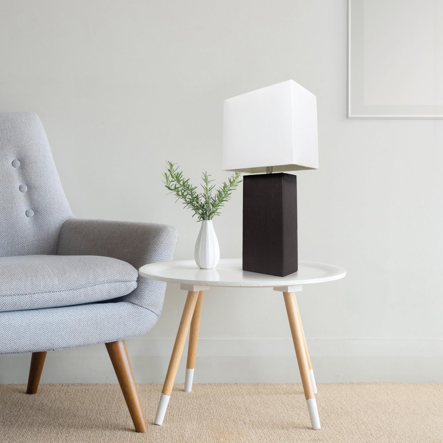 LALIA HOME Lexington 21in Leather Base Bedside Table Lamp, Black, Engineered Wood, White Rectangular Shade, Model LHT-3008