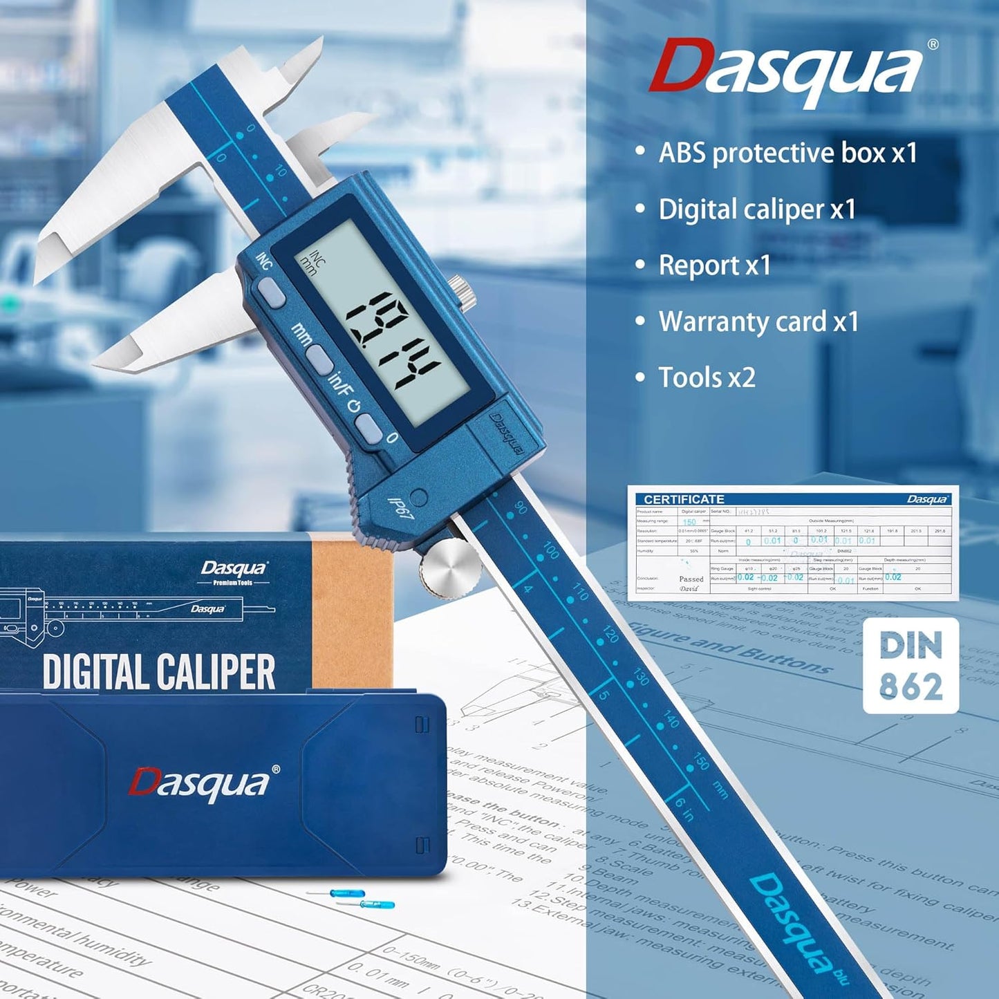 Dasqua 6”/150mm IP67 Absolute Origin Digital Caliper, Stainless Steel, Accuracy ±0.001”/0.02mm, Resolution 0.0005"/0.01mm/1/128, Water/Coolant/Dust Protection, in/mm/Fraction Conversion