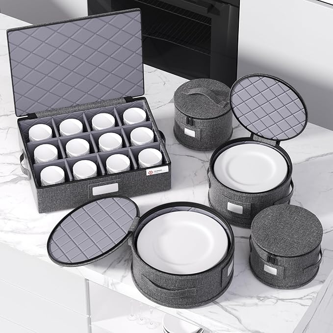 China Storage Containers Hard Shell Box for Moving Dishes, Plate, Wine and Glasses, Dinnerware, Mugs, Saucers Quilted Organizer Dividers for Packing Fine China Storage Containers 5Piece Grey
