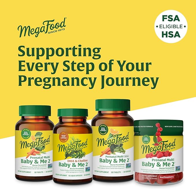MegaFood Baby & Me 2 Prenatal Multi - Prenatal Vitamins for Women with Choline, Methyl Folate, Iron - Gluten-Free, Vegetarian, Pre Natal Multivitamin for Women - 60 Tablets, 30 Servings