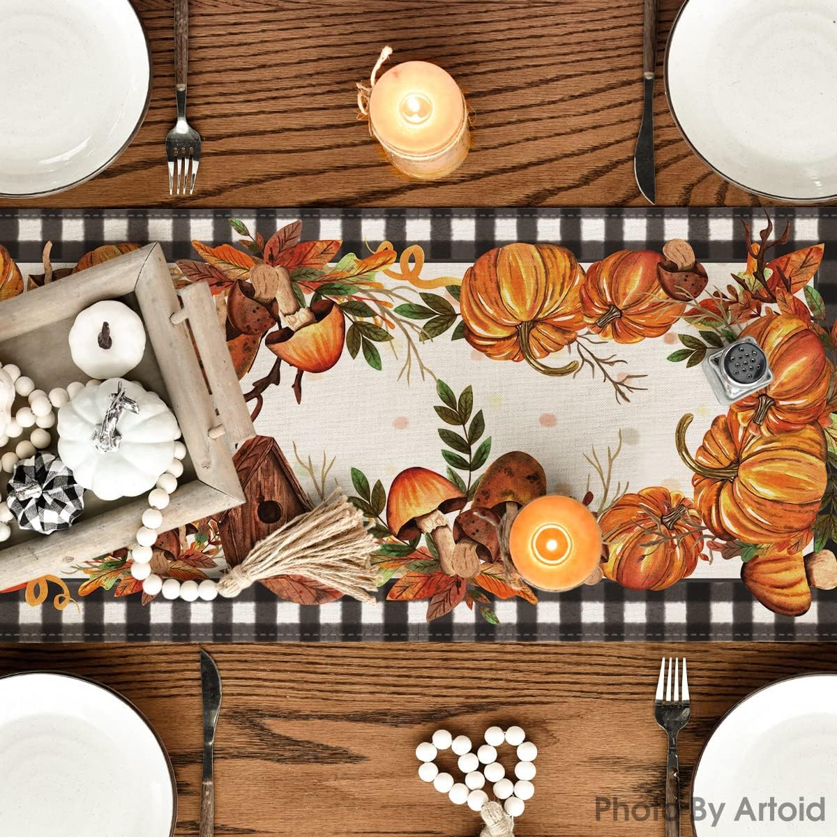 Artoid Mode Buffalo Plaid Pumpkins Mushrooms Birdhouse Leaves Table Runner, Seasonal Fall Harvest Vintage Kitchen Dining Table Decoration for Indoor Outdoor Home Party Decor 13 x 108 Inch