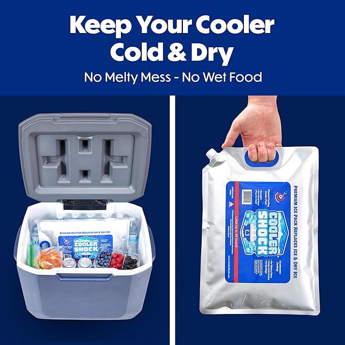 Cooler Shock Reusable Ice Packs for Cooler - Long Lasting Cold Freezer Packs for Coolers and Lunch Boxes - Cooler Ice Packs for Camping Gear, Fishing, Road Trips, Beach Must Haves