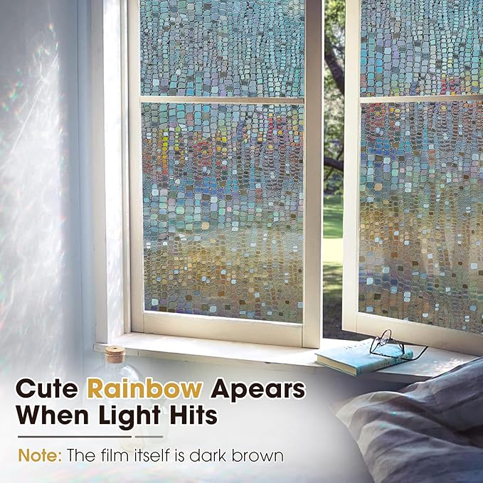 Windimiley Rainbow Window Privacy Film, 3D Stained Glass Christmas Decorative Window Clings, UV Heat Blocking Holographic Prism Stickers for Home (17.5 x 78.7In,Brown)