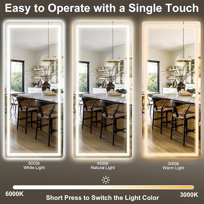 GLSLAND 26"x68" LED Full Length Mirror - Full Body Mirrors with Lights Dimmable 3 Color Lighting Floor Standing Mirror Hanging for Bedroom Living Room Cloakroom,White