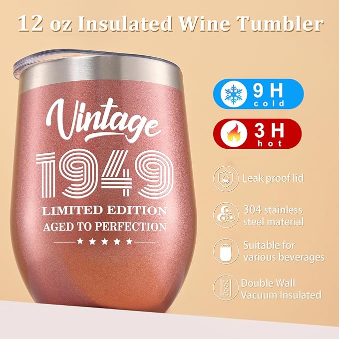 Lifecapido 75th Birthday Gifts for Women, Vintage 1949 Limited Edition Insulated Wine Tumbler with Wine Bag, 75th Birthday Gift Ideas, 75 Year Old Birthday Gifts for Friends Mom Grandma, 12 oz