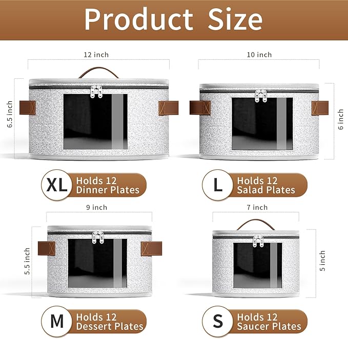 4 Piece Stemware Storage Containers, China Storage Containers with Clear Windows, Hard Shell Dish Storage with Handles for Dishes, Dinnerware, Plates, Light Gray