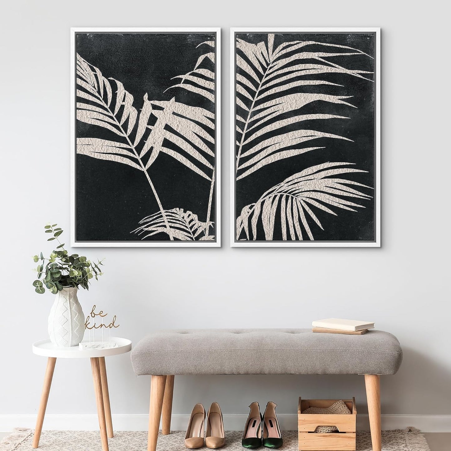 SIGNWIN Framed Canvas Print Wall Art Palm Leaf Print, Minimalist Wall Art, Black White Wall Art Prints for Living Room, Bedroom, Office - 24"x36"x2 White