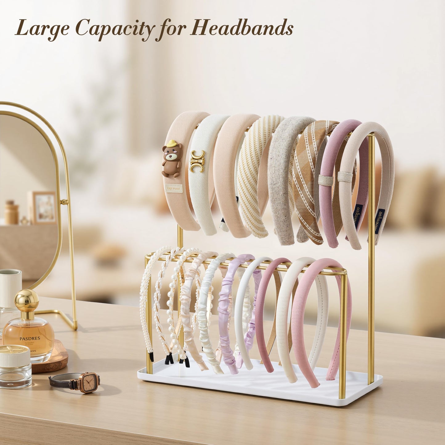 Josmimic Headband Holder Organizer Metal 2-Tier with Tray: Hair Accessories Display Stand Storage Hairband Rack Necklace Stand H