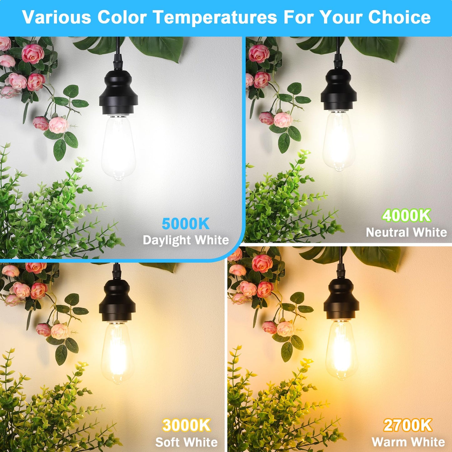 ASOMST 4-Pack Vintage Edison LED Bulbs, 60W Equivalent, 850LM 6W Edison Light Bulb Daylight White 5000K, ST58 LED Filament Bulb E26 Base, Non-Dimmable
