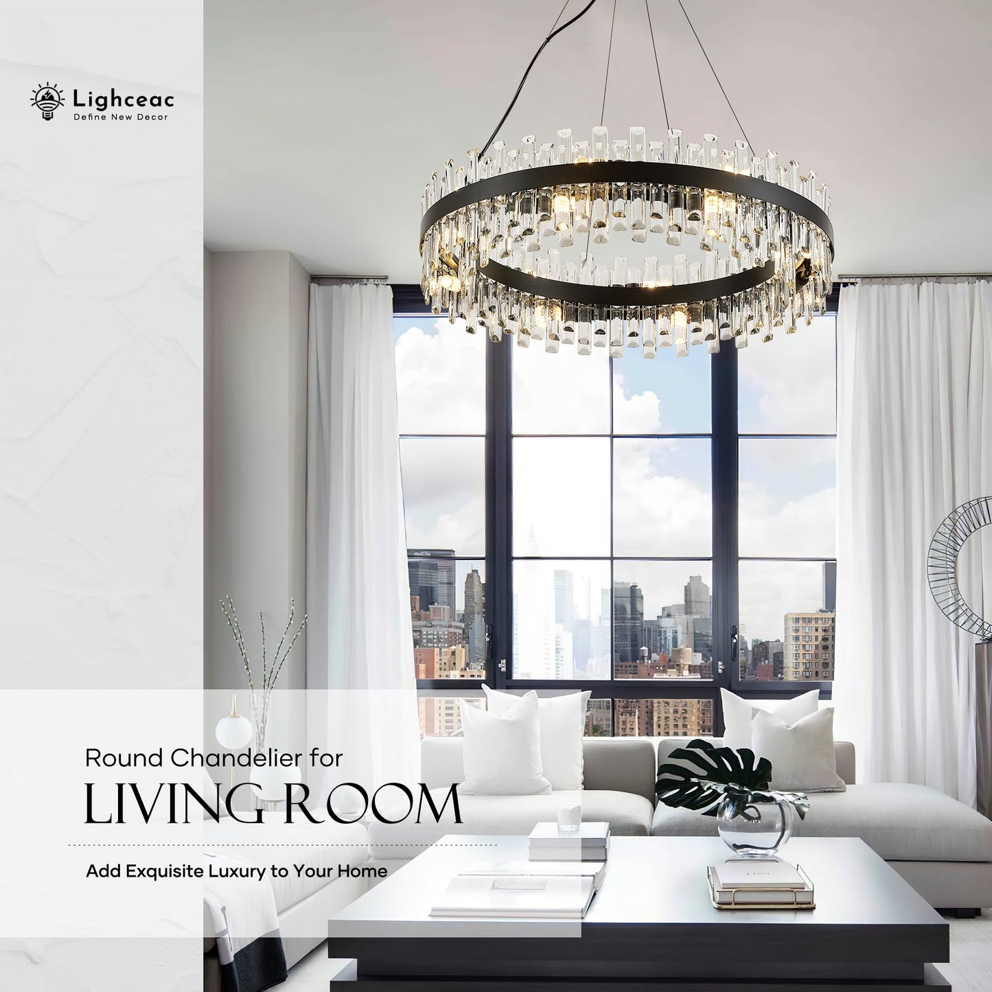 Lighceac 31.9 Black Modern Crystal Chandelier Light Fixtures stylish 2 Ring Crystal Chandeliers For Dining Room 16-Light Round Hanging Pendant Lighting For Living Room Kitchen Island Entryway Bedroom