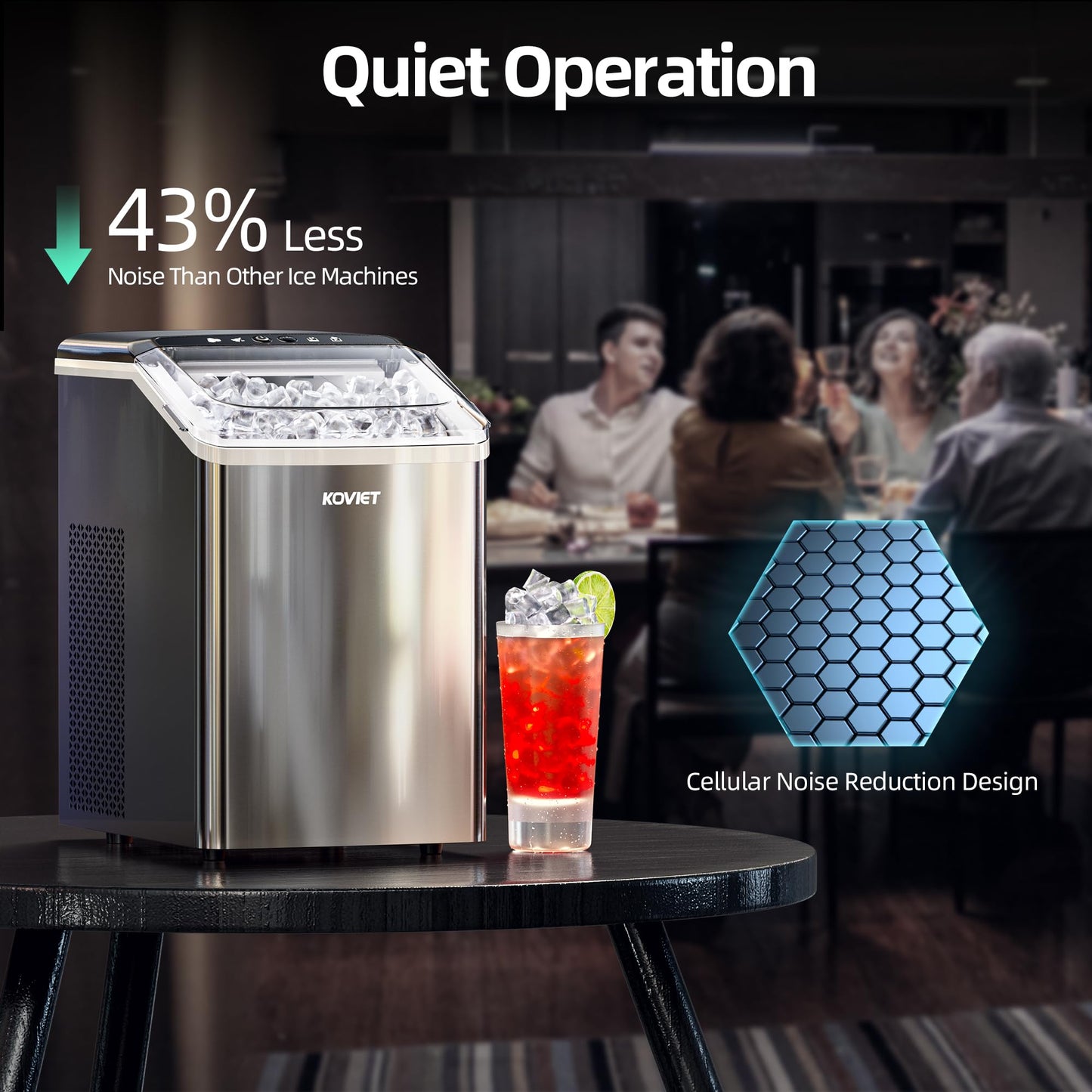 KOVIET Nugget Ice Makers Countertop, Soft Pebble Ice Machine, Chewable Crushed Pellet Ice 42lbs/Day, Self-Cleaning Drainpipe Ice Maker for Party, Home, Kitchen, Bar, Office, Silver Gray