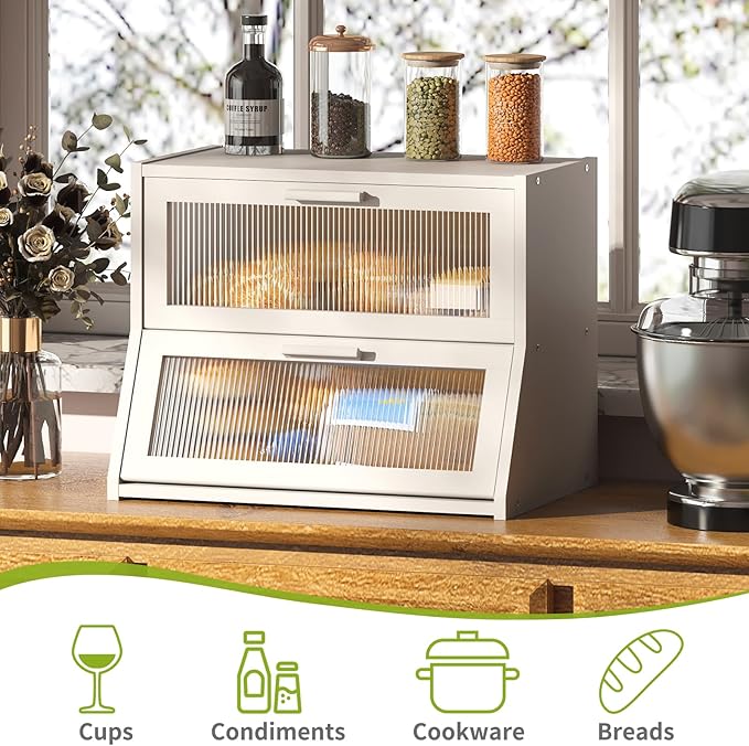 BMOSU Large Bread Box Double Layer Bamboo Bread Box for Kitchen Counter Container Farmhouse Bread Holder Capacity Bread Storage Bin(White)