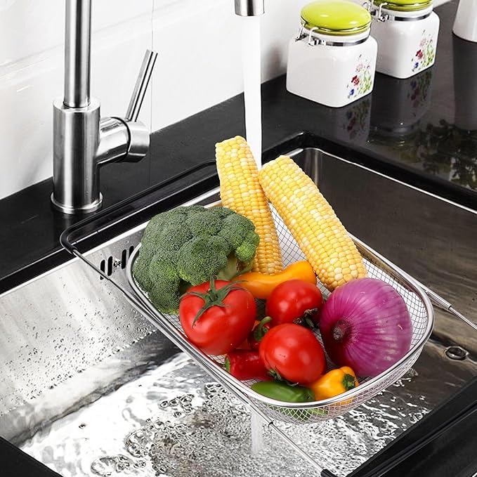 ZDRongZhen Kitchen Accessories Over the Sink Colander Strainer Basket，Stainless Steel Colander with Expandable Rubber Grip Sink Drainer-Rinse Vegetables Fruits &Strain&Drain (Large-grid)