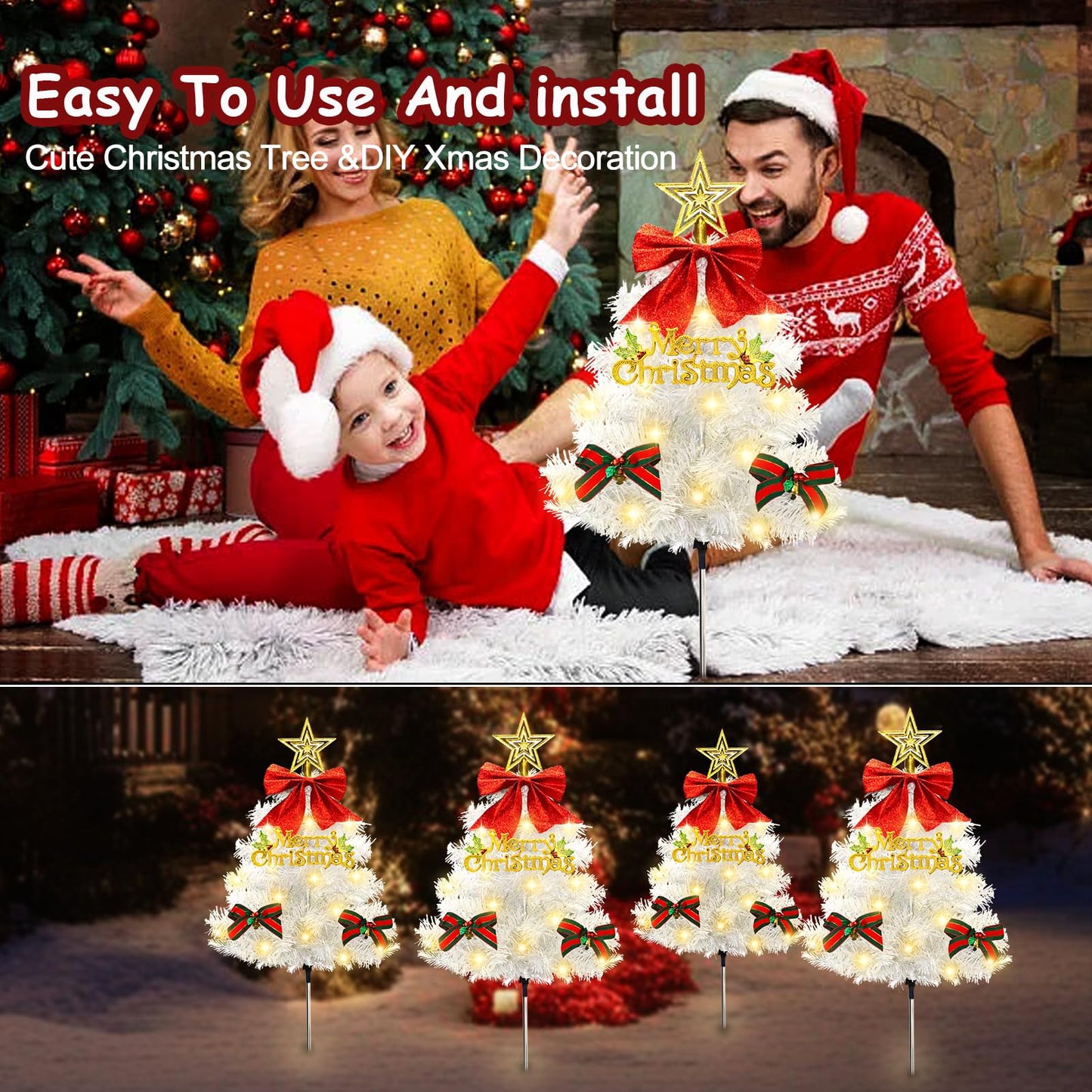 4 Pack Christmas Tree Solar Pathway Lights Outdoor Decorations  Waterproof Artificial Mini Xmas Tree Stake Lights With Diy Ornamets For Garden Yard Porch Decor (White Tree)