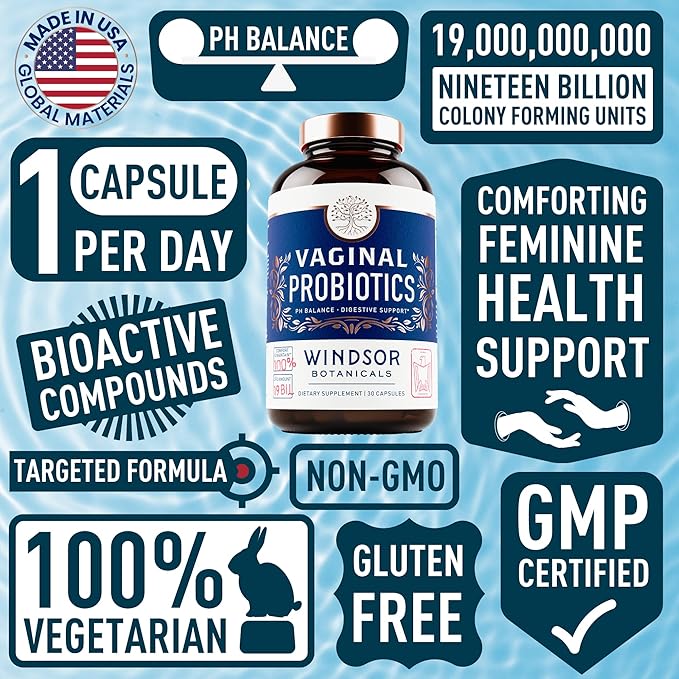 Vaginal Probiotics for Women - 19Bil CFU, Once Daily Lactobacillus Salivarius Probiotic for PH Balance, Digestive, Gut Health - Feminine Balance Complex for Women BV Support Supplements - 30 Capsules