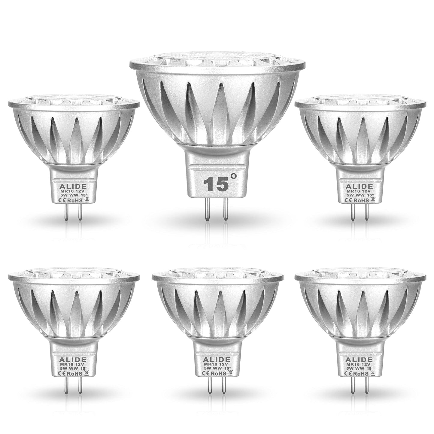 Alide Mr16 Led Bulbs 15 Degree 15 Narrow Beam Angle Gu5.3 20W 35W Halogen Equivalent 5W 450Lm 2700K Soft Warm White 12V Low Voltage Mr16 Led Bulbs For Landscape Ceiling Track Lighting 6Pack