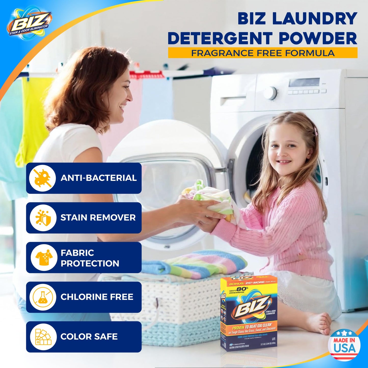 Biz Laundry Detergent Powder, Stain and Odor Eliminator for Tough Stains Like Grass Sweat and Chocolate, Powder Laundry Detergent with 4 Stain Fighters, Color Safe, HE Safe, Unscented, 37.5 Ounce