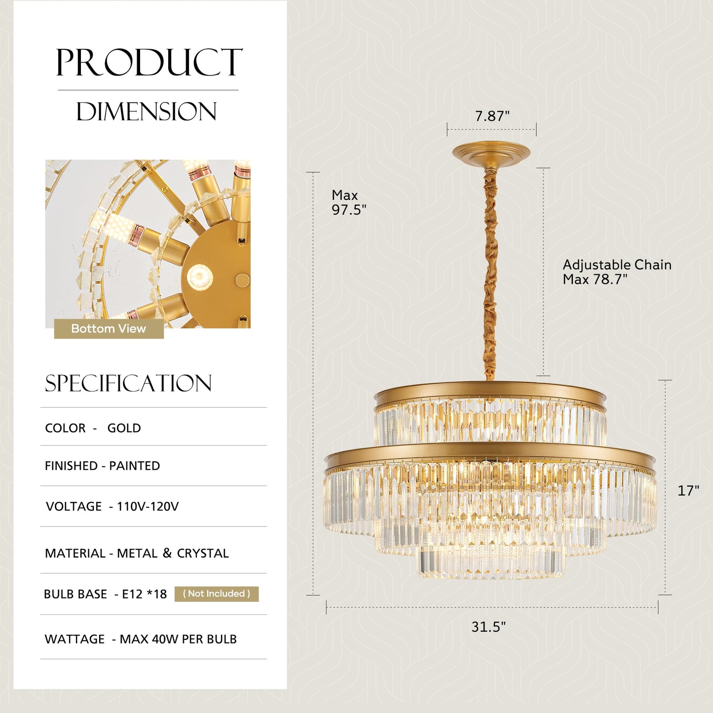 Brfaixla 31.5 18-Light Modern Crystal Chandelier Light Fixture Large 4-Tier Gold stylish Glam Chandeliers For Dining Room Round Hanging Pendant Lighting For Living Room Kitchen Bedroom Foyer Lobby