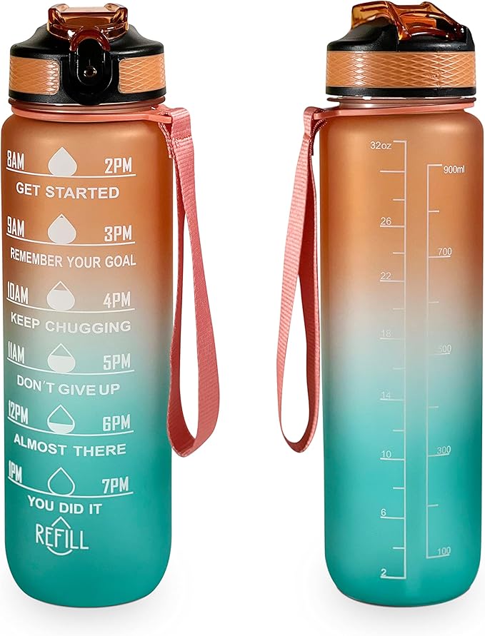 32oz Large Water Bottle with Motivational Time Marker - Sport Style with Deluxe Sip-Gulp Lid, Durable Tritan Plastic, Food Grade, Dishwasher Safe, Carry Strap (Orange-Green)