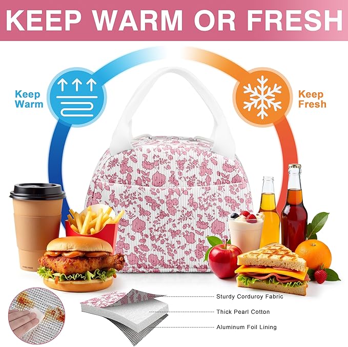 Lunch Bag - Insulated Lunch Box for Women, Reusable Large Capacity Cooler Bag for Adult, Small Leakproof Cute Corduroy Lunch Tote for Work Office Travel Picnic (Corduroy Rose Red-Flower)